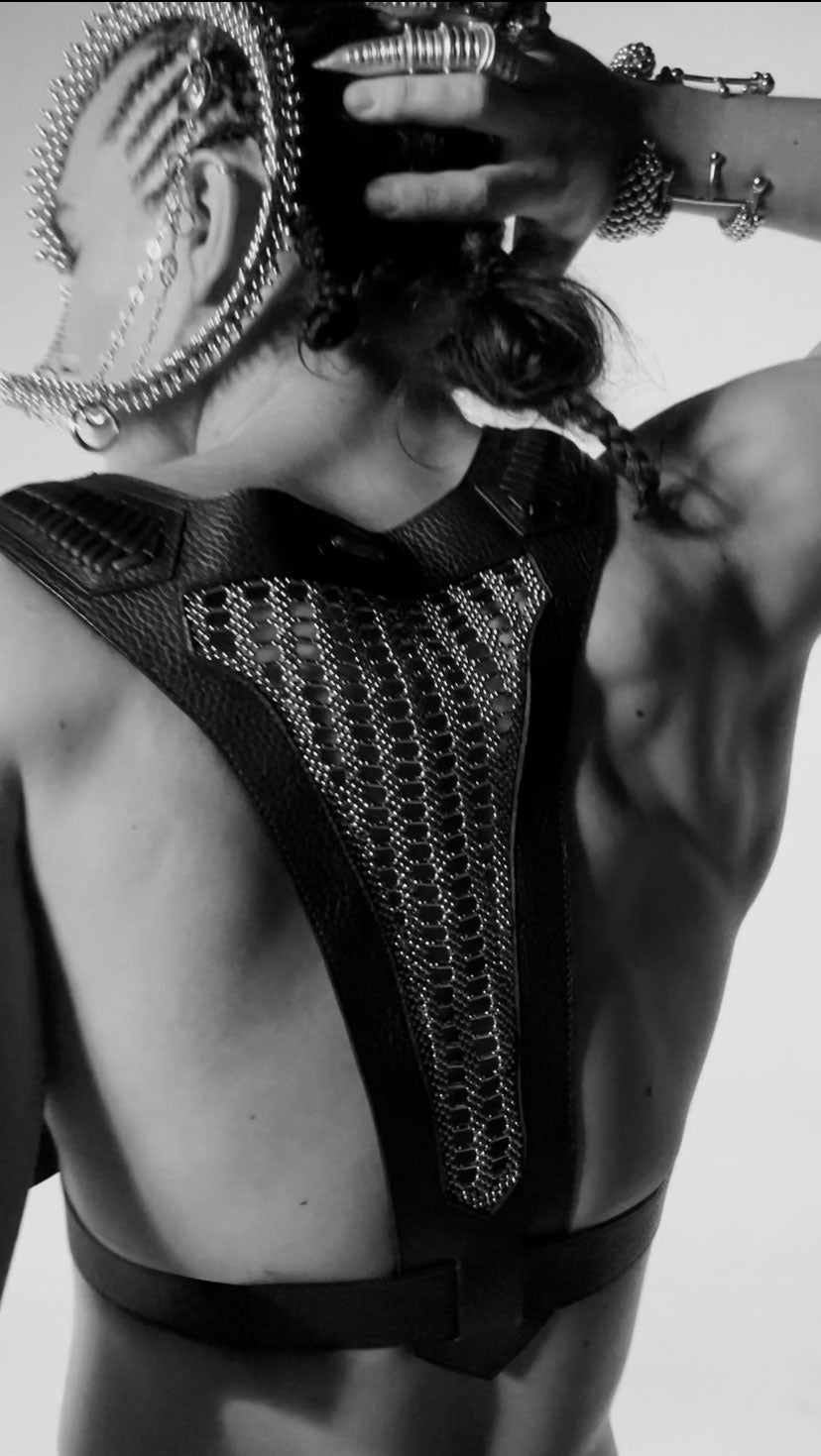 Yasuke Beaded Leather Harness - Black /Silver