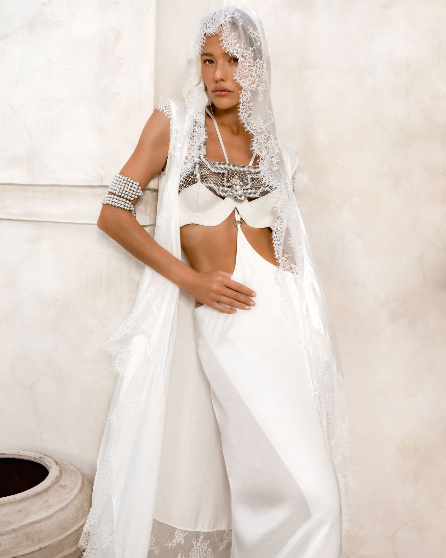 Khutulun Modular Top in Pearl with White Leather Balconette Bra