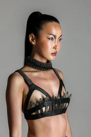 Lister Beaded Leather Bra Top - Jet Black