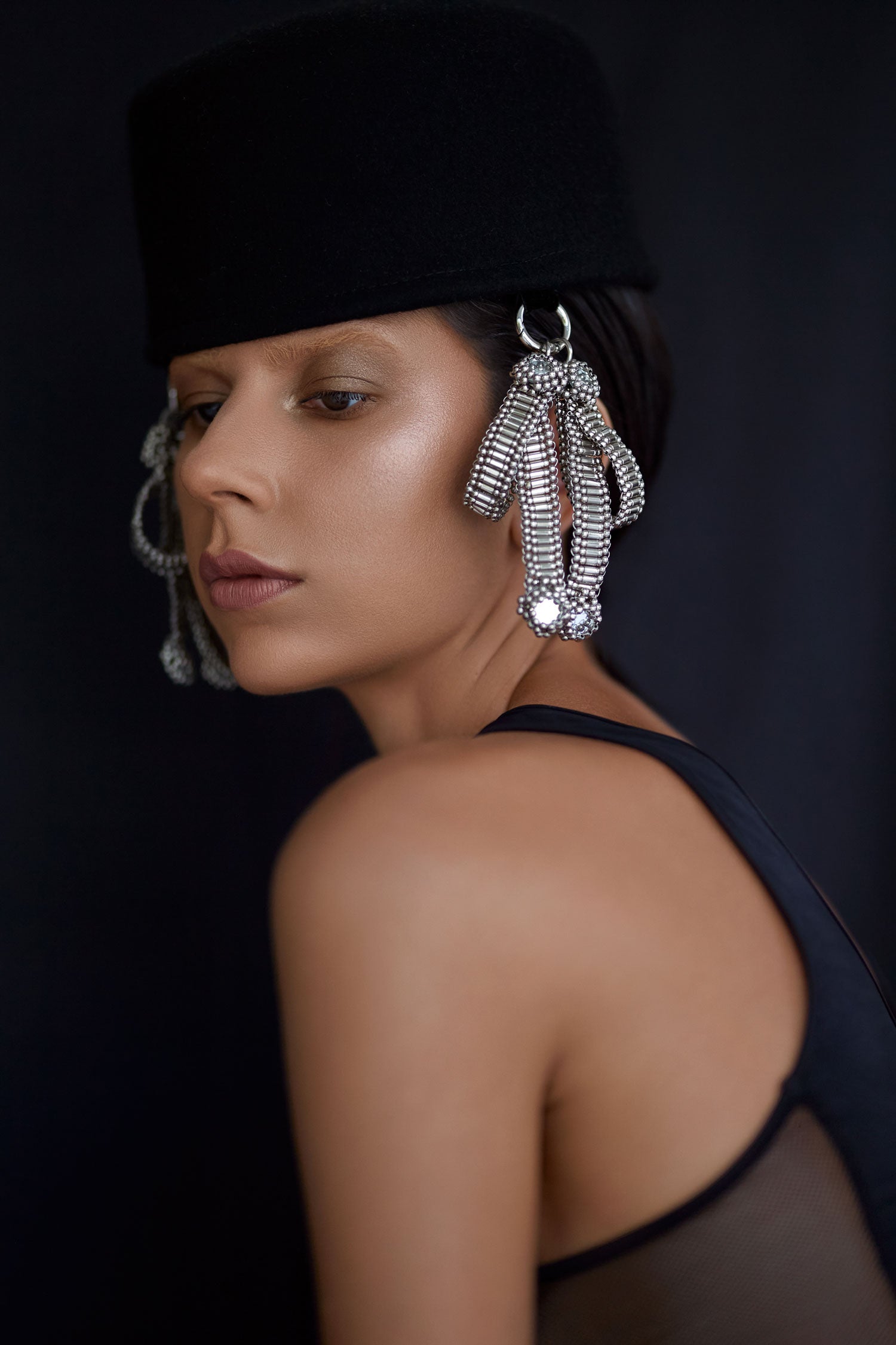 Janelle Modular Pillbox Hat in Black Felt