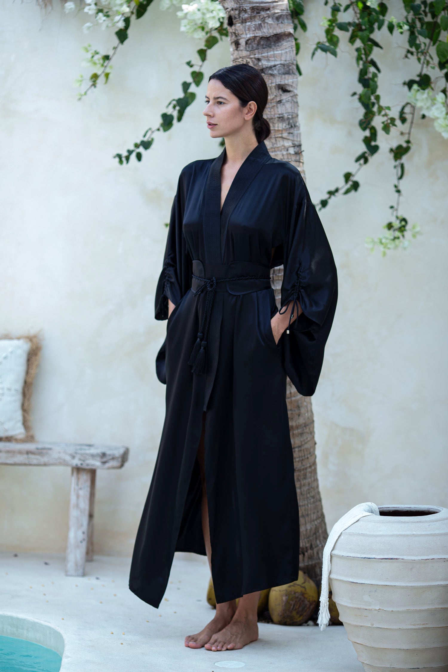 Mineko Long Silk Kimono, Black