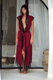 Teuta Lace Trimmed Sleeveles Robe - Burgundy/ Black