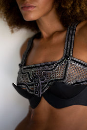 Khutulun Modular Top in Jet Black with Leather Balconette Bra