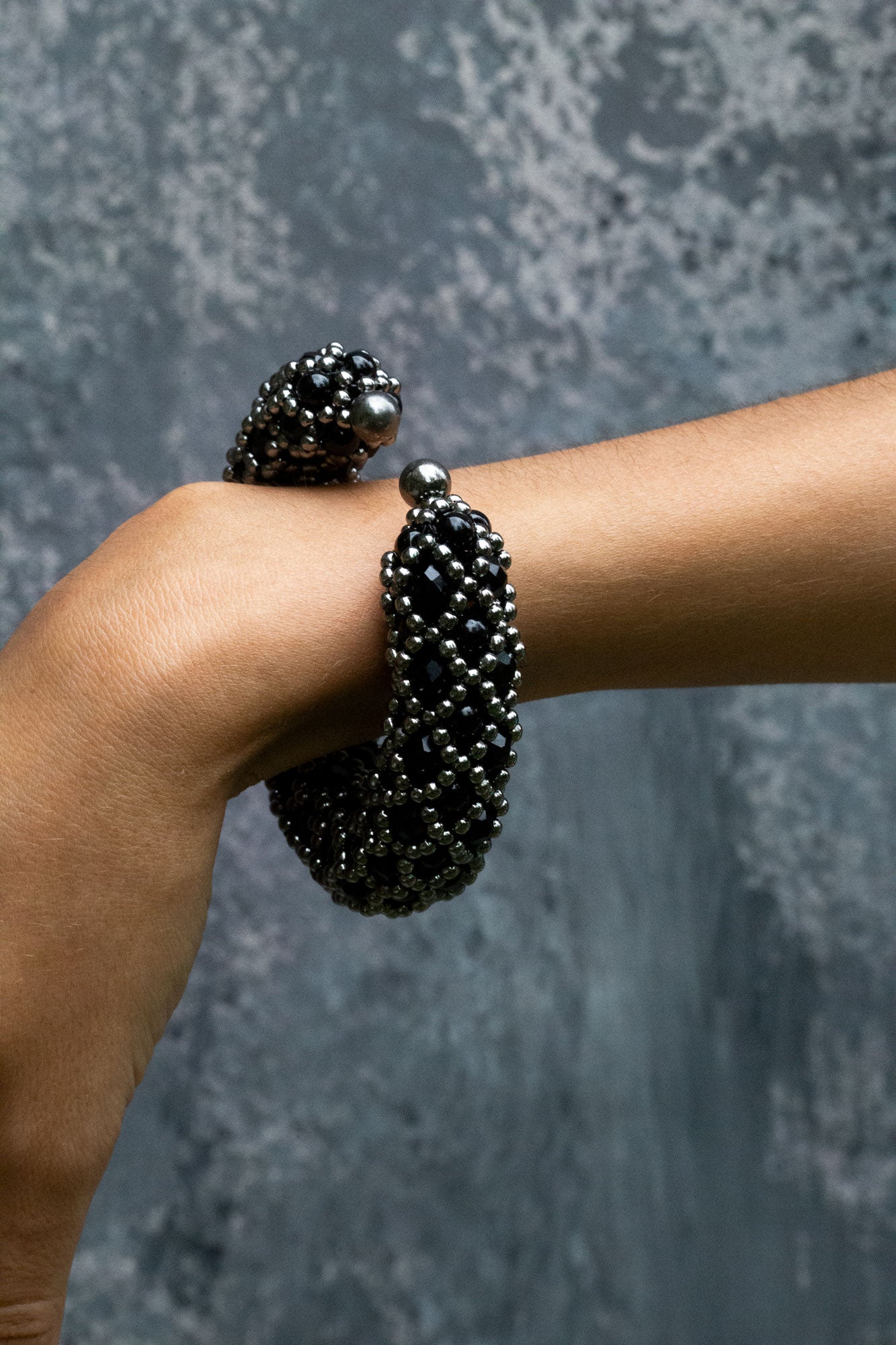 Nyx Cross-Beaded Cuff in Jet Black