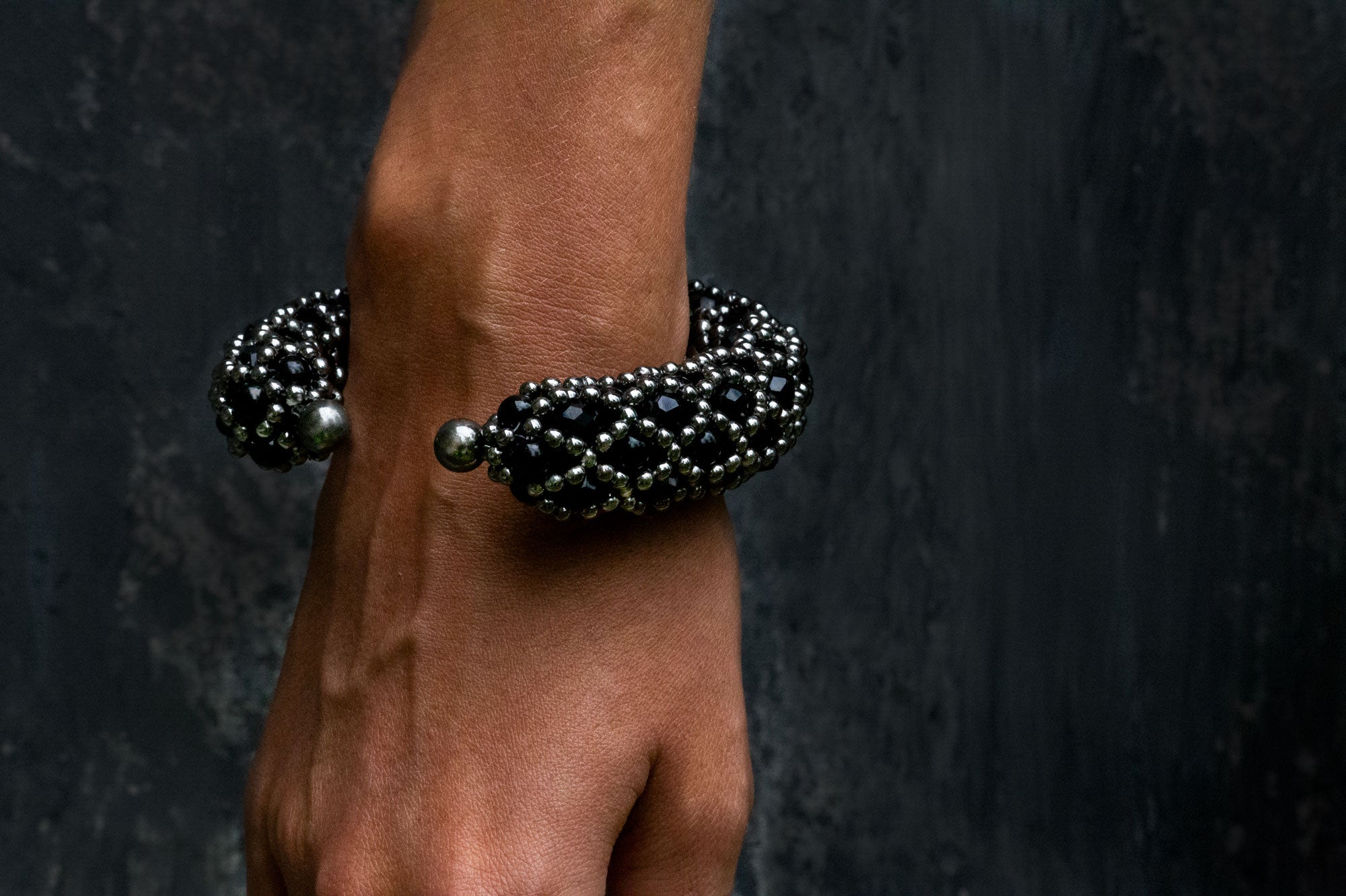 Nyx Cross-Beaded Cuff in Jet Black