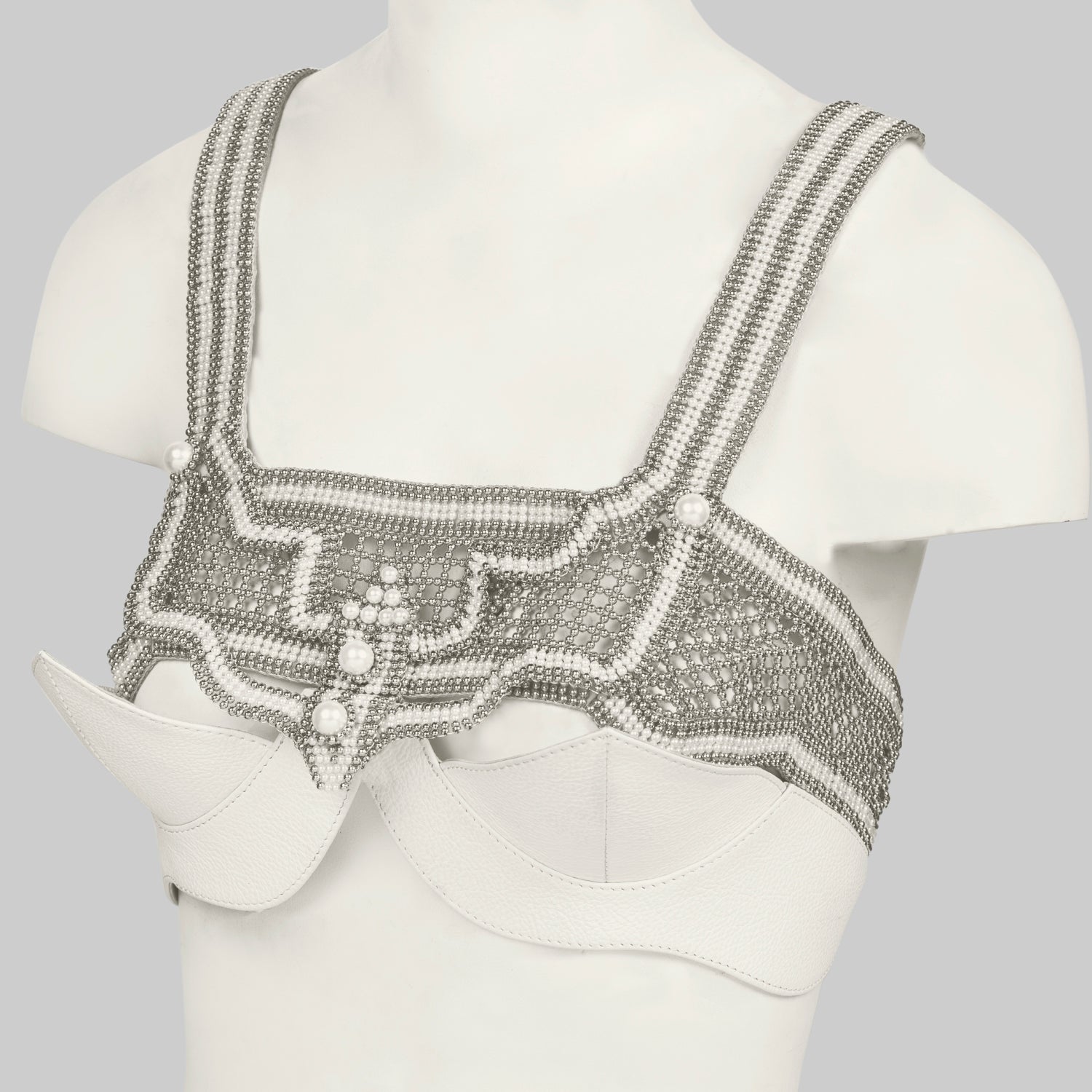 Khutulun Modular Top in Pearl with White Leather Balconette Bra