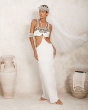 White Khutulun Top and Tamoe Silk Harness Skirt