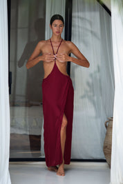 Tamoe Silk Blend Harness Skirt in Burgundy