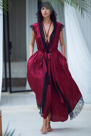 Teuta Lace Trimmed Sleeveles Robe - Burgundy/ Black